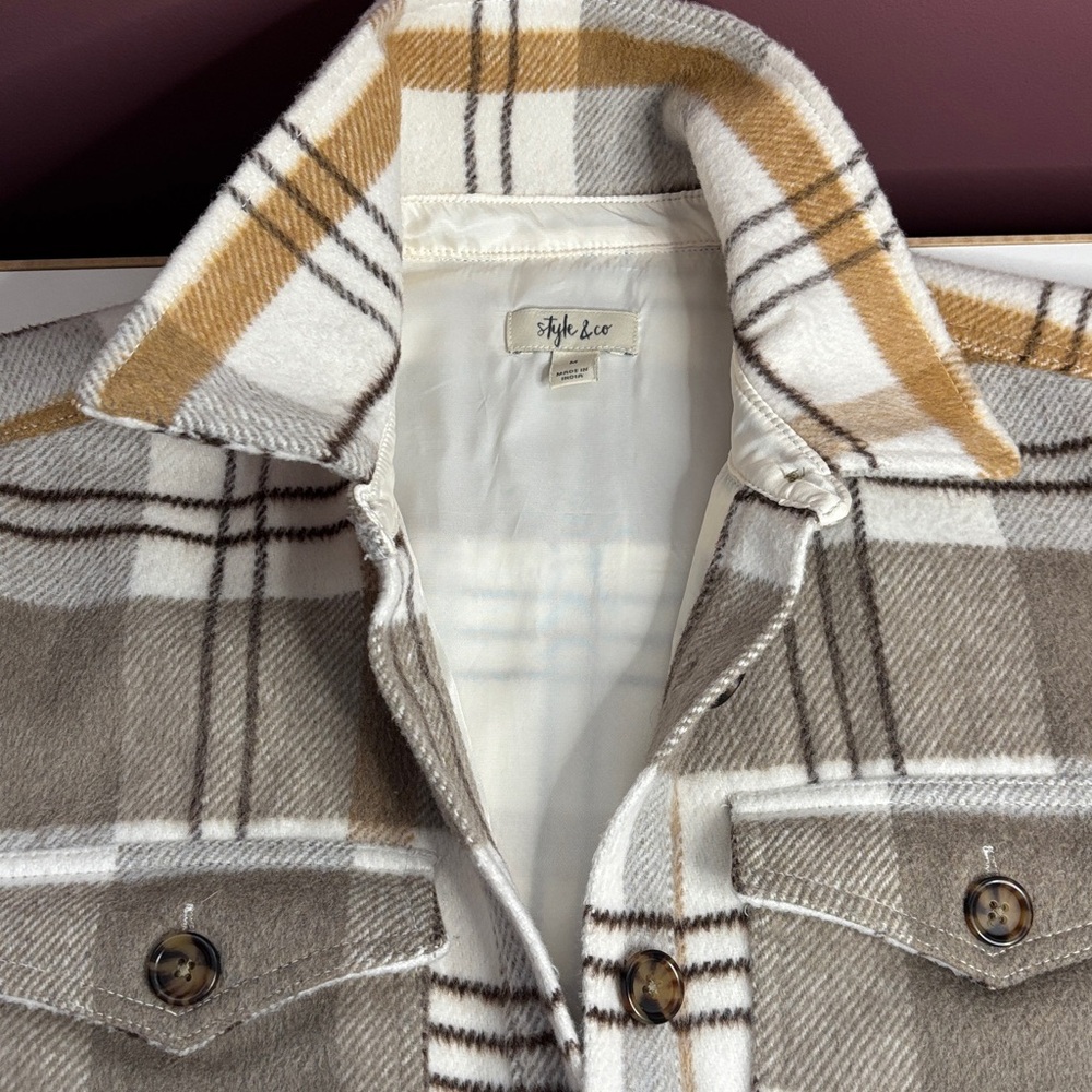 Style & Co. soft plaid shaket car coat.